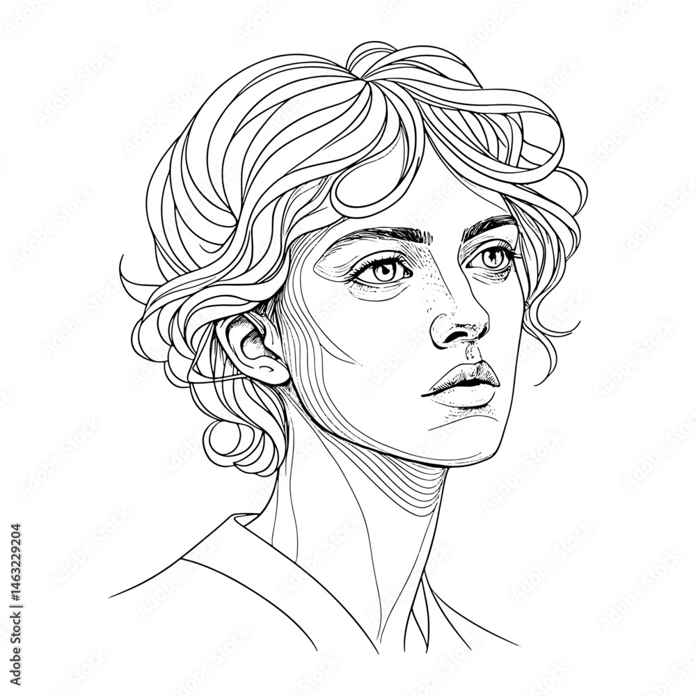 A vector illustration captures the beauty of a woman's face with long, flowing hair in a stylish, artistic sketch A vector illustration captures the beauty of a woman's face with long, flowing hair in a stylish, artistic sketch