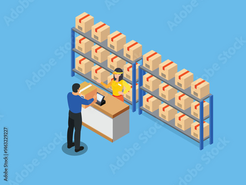 Warehouse Inventory Check and Management Isometric Illustration