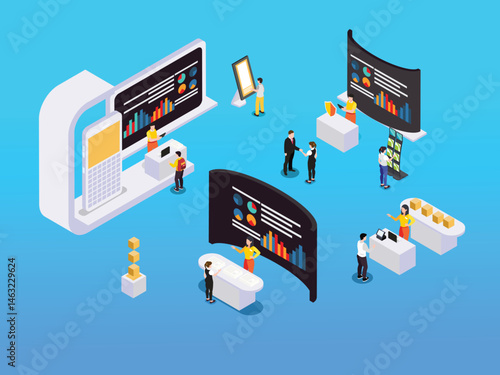 a dynamic education exhibition. Various booths feature engaging displays with charts, information panels, and interactive elements Isometric 3d vector illustration