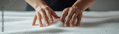 Hands gently pressing foam in upholstery project, showcasing texture and craftsmanship
