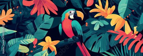 Vibrant parrot amid lush tropical foliage with colorful leaves and exotic flowers.