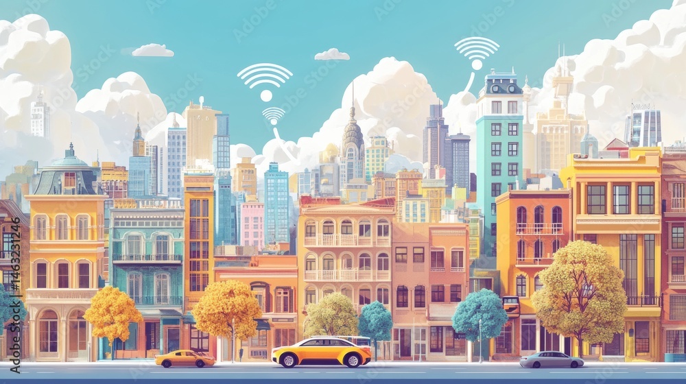 Obraz premium Social networking city and town with automation car on the world symbols moving from buildings to cloud using wifi. Vector illustration, penology, communication, generation, modern,