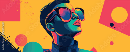 Vibrant abstract portrait of a young person with sunglasses in a colorful graphic style.