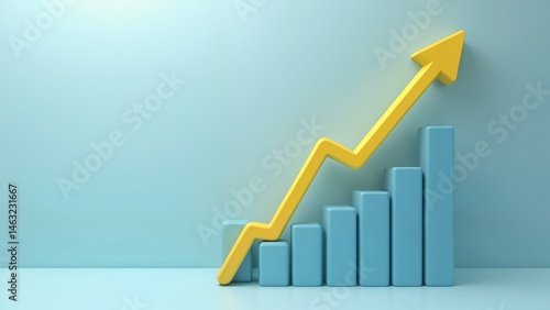 A 3D rendering of a bar chart with a yellow arrow going up.