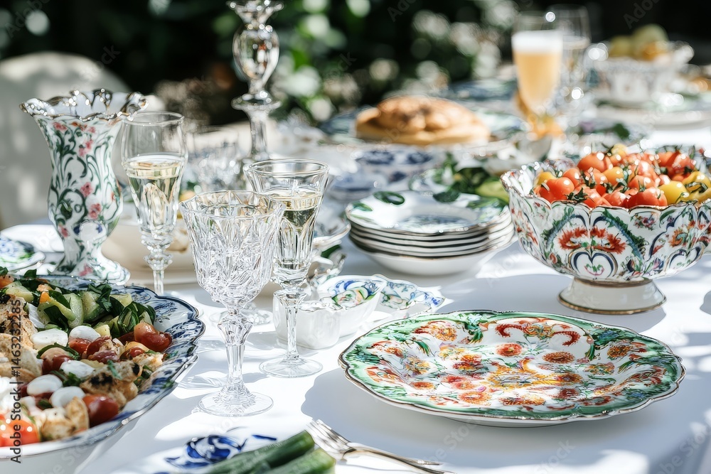 Fototapeta premium High-fashion still-life of an outdoor dining scene, featuring fine china, crystal glassware, and gourmet delicacies, capturing the vibrant energy of a summer garden party.