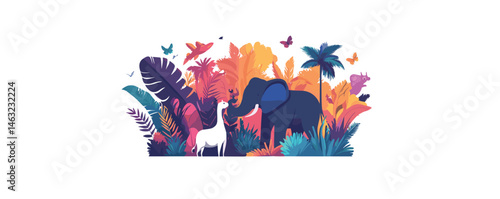 Vibrant jungle scene with elephant, giraffe, and colorful foliage.