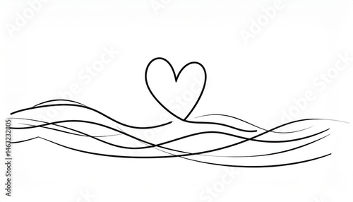 A simple line art design featuring a heart above flowing waves, conveying a sense of love and tranquility