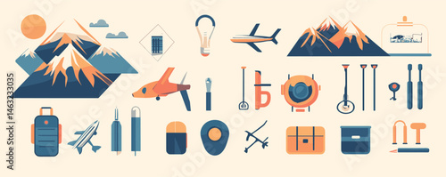 Outdoor adventure icons: mountain, hiking gear, airplane, and travel essentials.