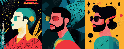 Abstract portraits of stylish individuals in bold colors and sunglasses.