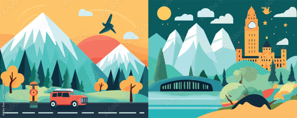 Fototapeta premium Stunning landscape with red suv and airplane near mountains and river under starry sky.