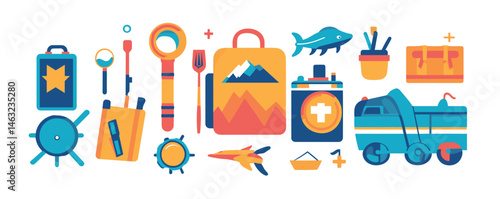 Colorful camping equipment and adventure gear icons for outdoor activities.