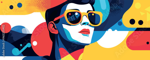 Vibrant pop art portrait of a stylish young woman with sunglasses in colorful abstract design.
