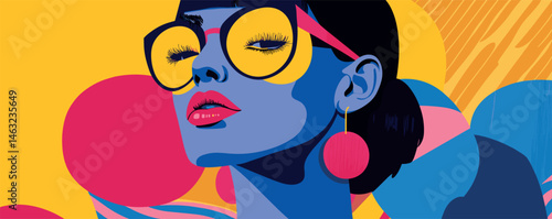 Pop art portrait of stylish woman in bold colors with large glasses and earrings.