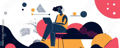 Woman listening to music while working on laptop in a colorful abstract setting.