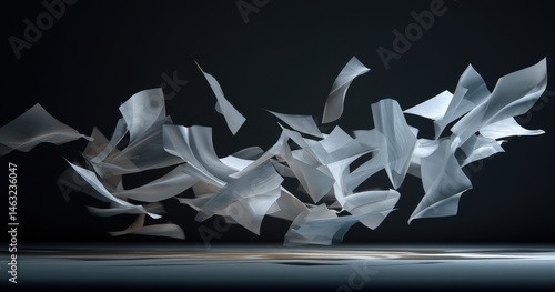 Floating white papers in artistic motion.