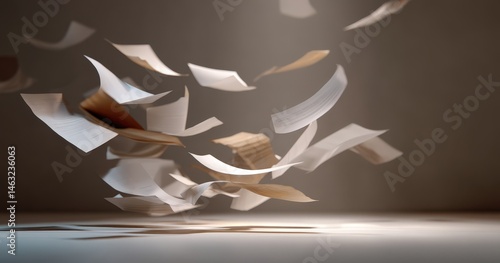 Floating papers in a dimly lit room create a sense of chaos.