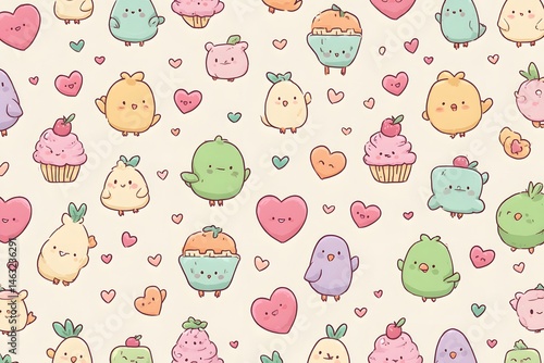 Whimsical Pattern: Playful and colorful cartoon characters and heart shape, creating a cheerful and inviting scene. Perfect for illustrating concepts of love, joy, and springtime.