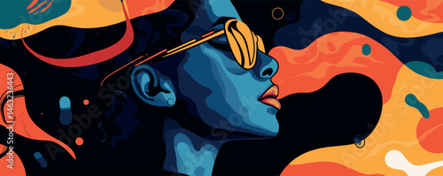 Vibrant abstract portrait of woman in sunglasses with colorful swirls.