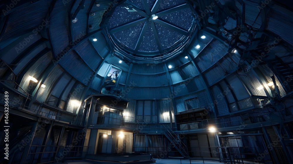 Obraz premium Step Inside the Futuristic Asteroid Observatory Dome Interior Featuring Panoramic Space Viewports and Hi-Tech Instrumentation