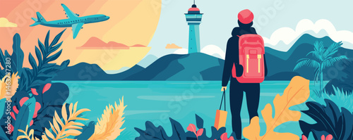 Traveler woman watching airplane near ocean at sunset with tower and lush tropical foliage.