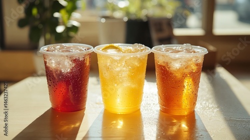 Three iced tea drinks in plastic cups, sunlight reflecting on the surface