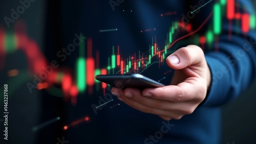 A person holding a smart phone in front of a stock market chart.