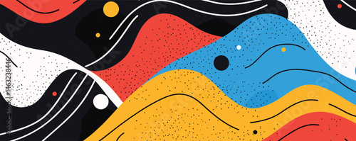 Colorful abstract geometric background with dynamic wave patterns and dots.