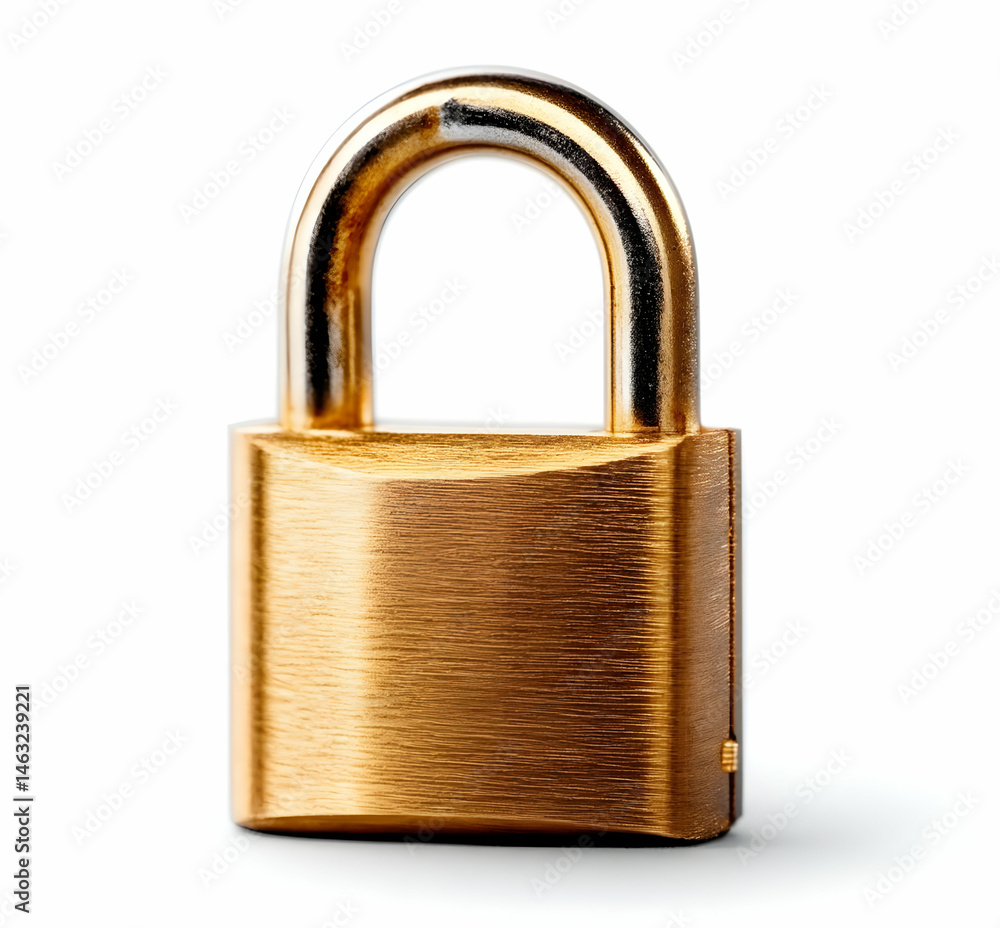A close-up view of a shiny brass padlock, symbolizing security and protection. The lock features a polished surface and a sturdy shackle. A close-up view of a shiny brass padlock, symbolizing security and protection. The lock features a polished surface and a sturdy shackle.