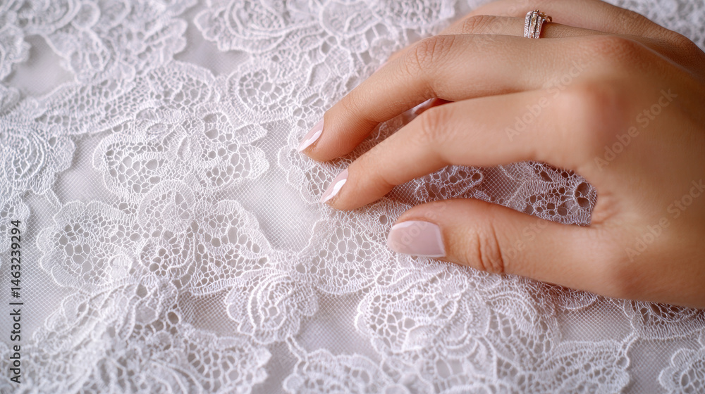 Hand with manicured nails gently touches intricate white lace fabric, evoking elegance and delicacy Hand with manicured nails gently touches intricate white lace fabric, evoking elegance and delicacy