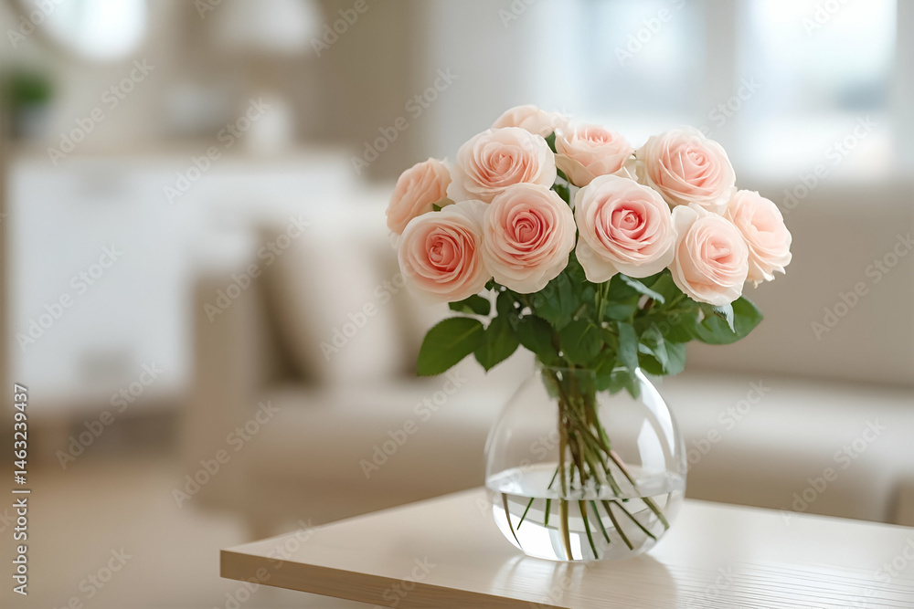 Obraz premium A beautifully arranged bouquet of soft pink roses in a clear vase, adding elegance to any interior space.