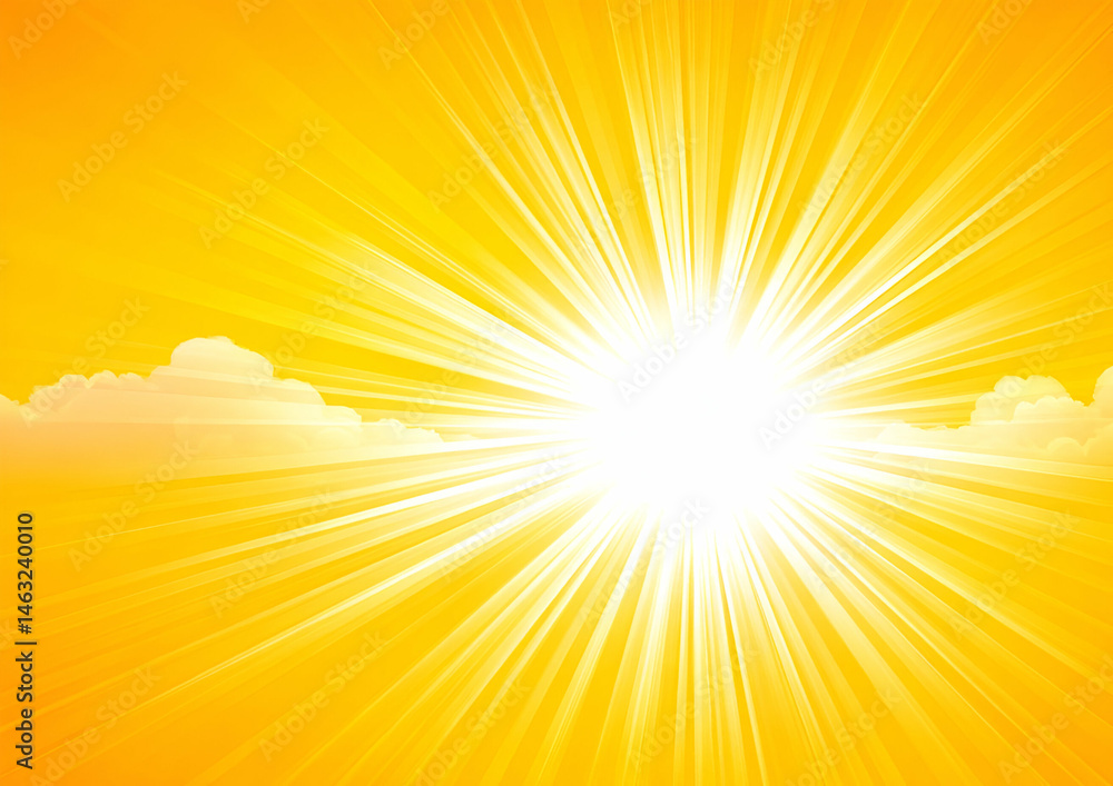Obraz premium A bright sun radiating warmth and light, illuminating the sky with vibrant golden rays, perfect for representing joy and positivity.