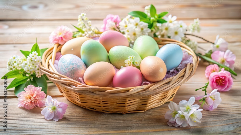 Pastel-colored Easter eggs in woven basket, spring flowers, Easter accessories Pastel-colored Easter eggs in woven basket, spring flowers, Easter accessories