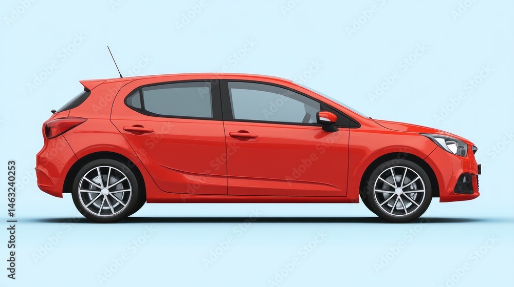 Obraz premium Red hatchback car side view