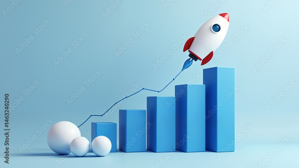 Fototapeta premium A white and red rocket is flying over a blue bar chart.