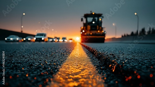 Sunset Highway Traffic with Road Construction Vehicle