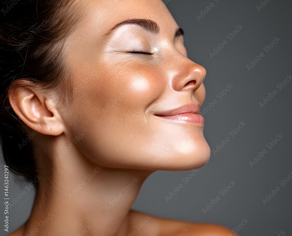 A close-up portrait of a joyful woman with glowing skin and a serene expression, capturing the essence of beauty and happiness in a modern lifestyle. A close-up portrait of a joyful woman with glowing skin and a serene expression, capturing the essence of beauty and happiness in a modern lifestyle.
