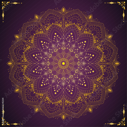 Glowing mandala with traditional ornamental shape | Floral template for card, cover, business, packaging, greeting, decoration | Creative mandala with violet gradient colour