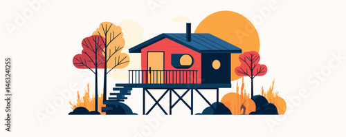 Stylized autumn treehouse on stilts with sunlit background and vibrant foliage.