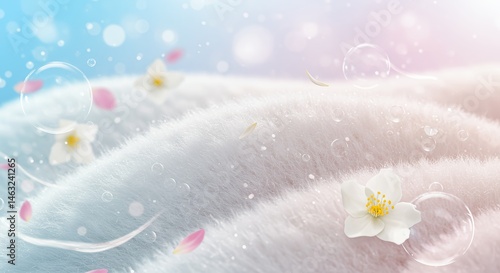 Soft White Fabric Texture with Flowers, Bubbles and Petals for Gentle Concept