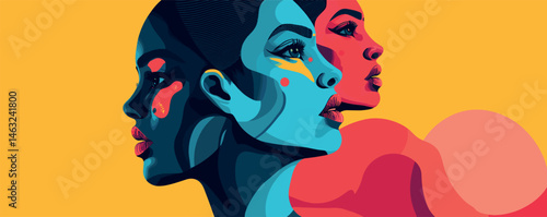 Abstract portraits of diverse women in vibrant colors with bold shapes and patterns.