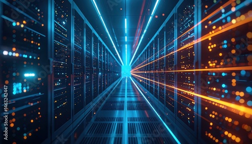 A futuristic data center glowing with vibrant blue and orange lights  showcasing rows of servers and a sense of high-tech energy