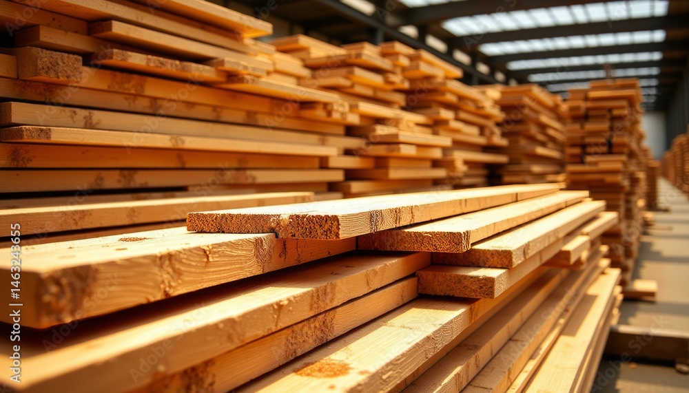 A pile of wood is stacked in a warehouse A pile of wood is stacked in a warehouse