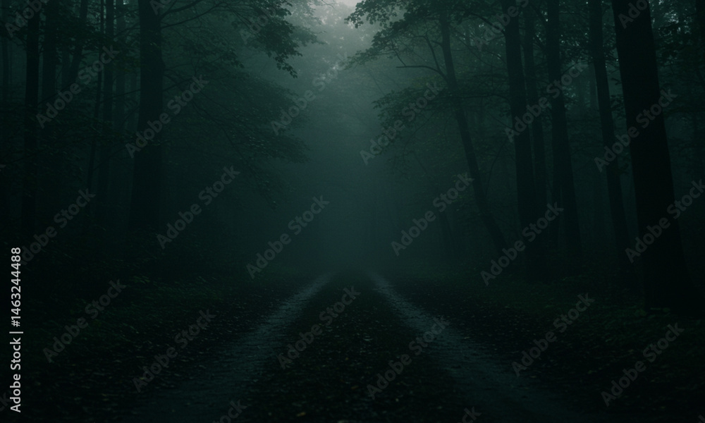 Obraz premium Walking Through Forest Path with Fog and Trees