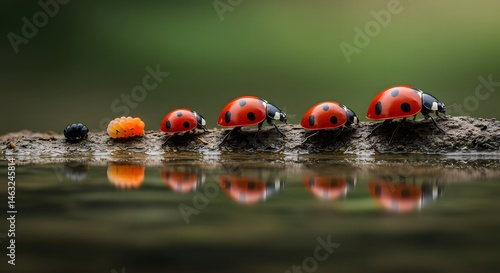 Ladybug Life Cycle on Mud with Water Reflection