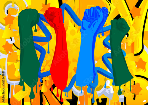 Clenched fist graffiti. Abstract modern street art decoration performed in urban painting style.