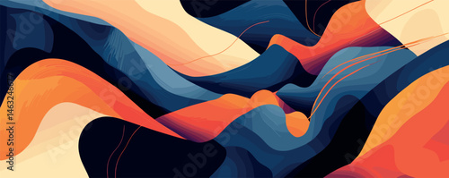 Abstract colorful waves in blue and orange fluid art movement.