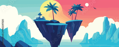 Surreal floating islands with palms at sunset over vibrant ocean landscape.