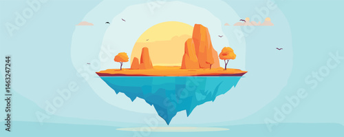 Floating island with orange cliffs and trees against a sunset sky in minimalist style.
