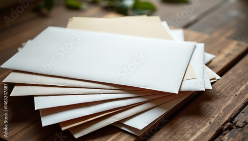 A stack of white envelopes on a wooden table