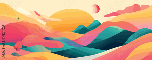 Colorful abstract landscape with surreal mountains and sunset sky in a modern style.